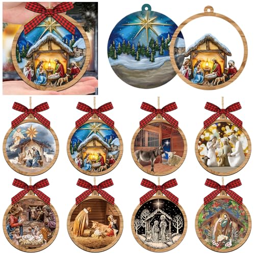 Hollowfly 8 Set Nativity Scene Ornaments 3D Wooden Christmas Tree Decor