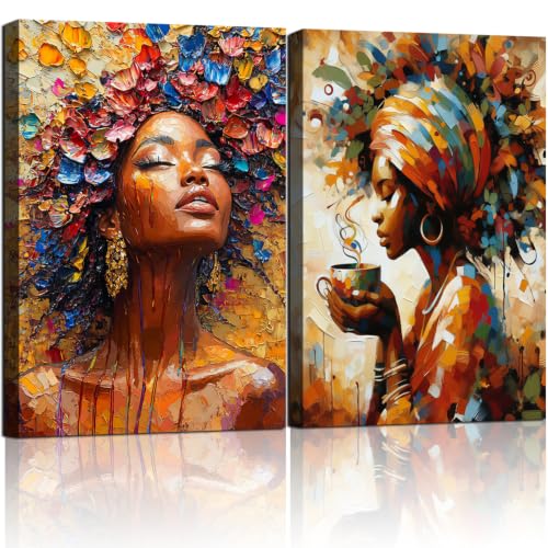 2Pce Framed Wall Art Set 12x16 Inches Modern Abstract African Woman Canvas Print Coffee Lady Portrait Poster Art Colorful Home Wall Decor Living Room Artwork - color: Five colors, size: 12x16 inch