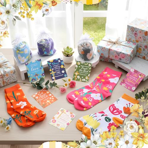 Chicingyou 24 Sets Christian Floral Crew Socks Women with Bible Cards