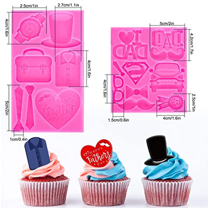 Whaline 2Pcs Father's Day Fondant Molds I Love DAD 3D Silicone Moulds Watch T-shirt Mustache Tie Pattern Resin Molds Cupcake Cookie Baking Decorating Moulds for Dad Birthday Party DIY Candy - style: Father's Day