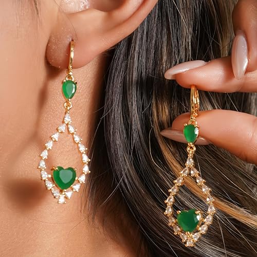 18K Gold Plated, Dangle Earrings for Women, Flower/Heart Drop earrings, Hypoallergenic Cubic Zirconia Earrings, Lightweight, Party, gold earrings, Jewelry for Gifts, Fashion - style: 7508-Green