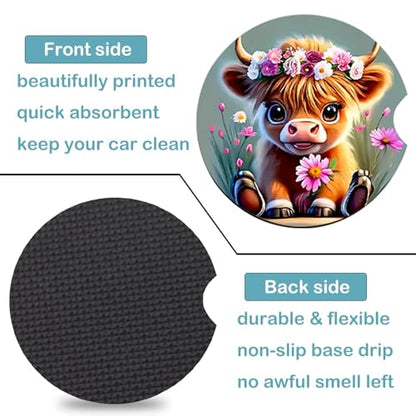 2 Pack Highland Cow Floral Car Cup Holder Coasters Universal Neoprene Mat - color: Cow Baby