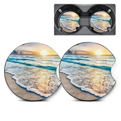 2 Pack Beach Sunset Car Coasters for Cup Holders,Neoprene Anti Slip Mat - color: Beach Sunset