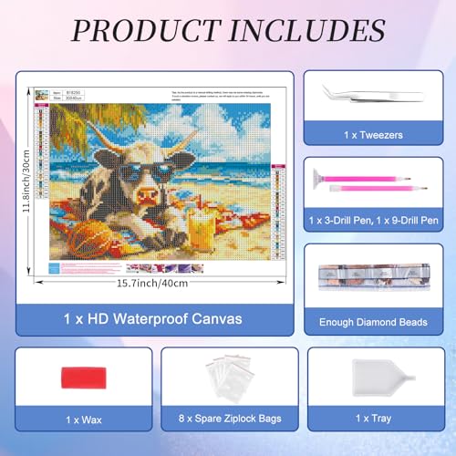 Diamond Art Kits for Adults, Beach Cow Diamond Painting Kit, 12x16 Inch - color: CYDP1P15