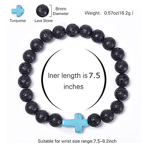 FORUBUS Lava Rock Stone Beaded Bracelet, Cross Charm Natural Volcanic Stone beads Turquoise Stretch Bracelet for Women Men Religion Jewelry Pray Baptism Gift - color: A 2pcs black lava