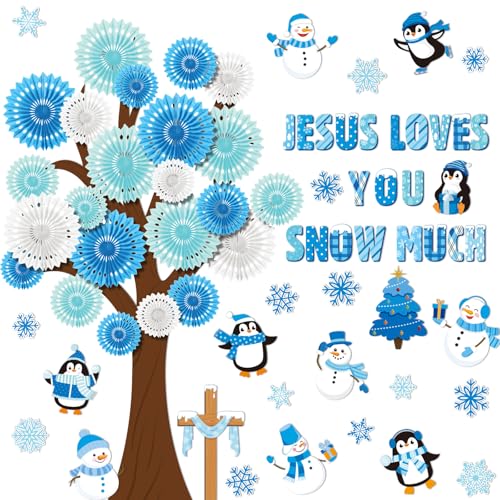 Gersoniel 79 Pcs Winter Bulletin Board Decorations Jesus Loves You Snow Much Classroom Decor 3D DIY Christmas Tree Paper Fans Snowman Snowflake Penguins Cutouts for Winter Xmas Home School Wall Decor - style: Winter