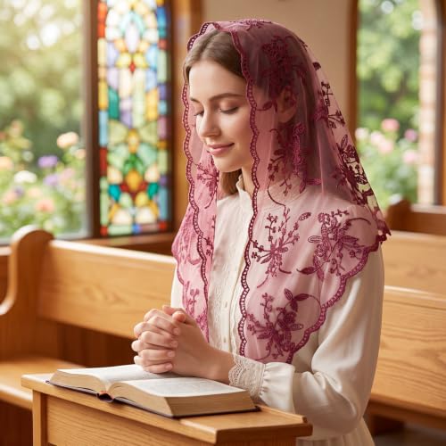 Lystaii Triangle Lace Mantilla Veil Catholic Chapel Head Covering Scarf - color: Dusty Rose