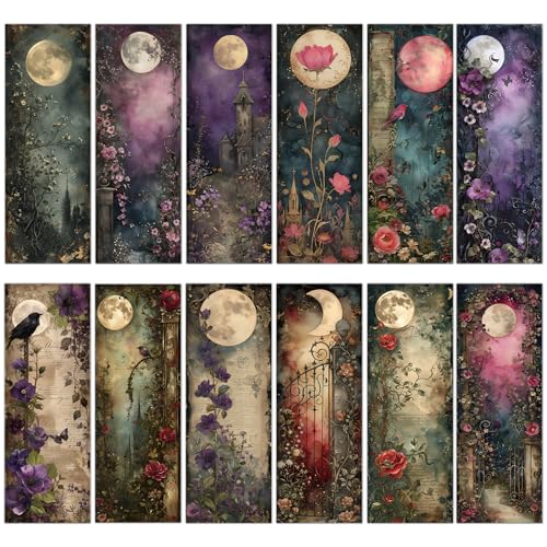 Moonlit Night Garden Bookmarks Gifts - Cosmisun 120 Pcs Fantasy Floral Bookmark Paper Vintage Flower Castle Book Marks Page Marker Clip Favors for Women Men Office Home Book Lovers Reading Supplies - color: Moonlit Night Garden