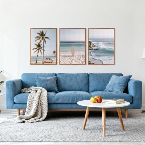 HPINUB Beach Seascape Framed Canvas Wall Art,(Set of 3,12X16 Inch) Palm Tree Surfboard Nature Wall Decor,Modern Coastal Landscape Artwork Relax Summer Ocean Art Print For Living Room,Bathroom Decor - color: Modern Beach Seascape Wall Art