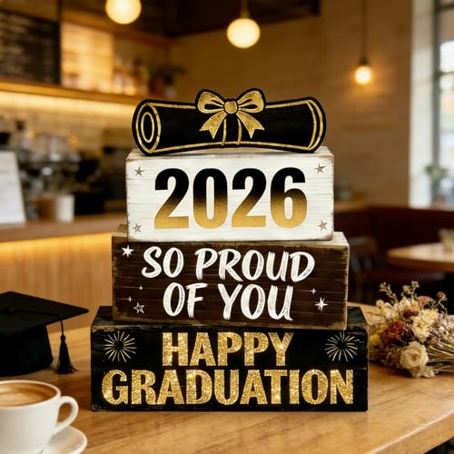2026 Graduation Table Decorations Class of 2026 Senior Tiered Tray Decor Wooden Happy Graduation Signs Farmhouse Congrats Grad Tabletop Party Centerpiece for Tables Wooden Sign for Home Decor - style: Grad Cap