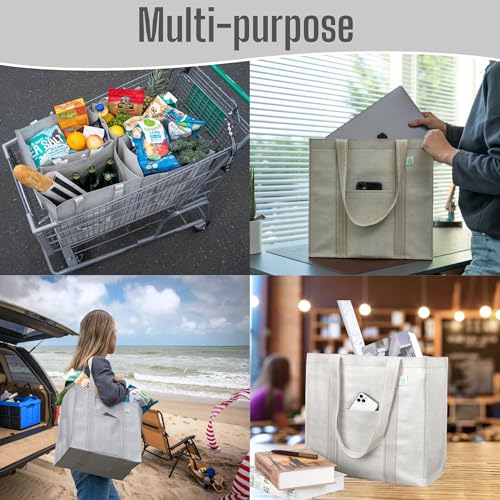 VENO 4 Pack Large Grocery Bag Reusable Shopping Bags with Hard Bottom - color: Beige