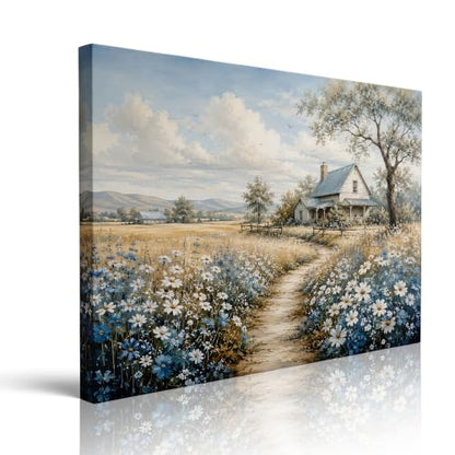 Farmhouse Landscape Framed Canvas Wall Art Wildflower Picture 12x16 Inches - color: Farmhouse Landscape, size: 16"L x 12"W