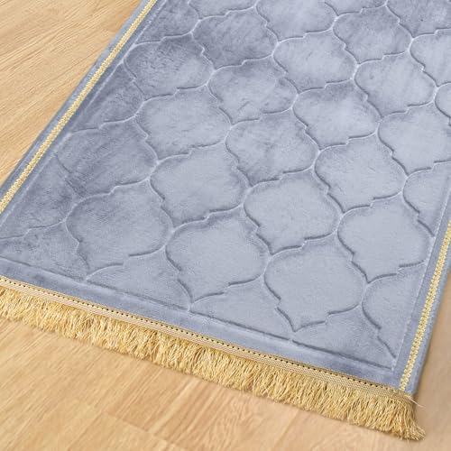 Muslim Prayer Rug with Tasbih Prayer Beads, Soft Memory Foam Prayer Matt Islam, Padded Islamic Prayer Mat Thick for Men and Women, Janamaz, Sajadah (25.6" x 43.3", Grey) - color: Grey