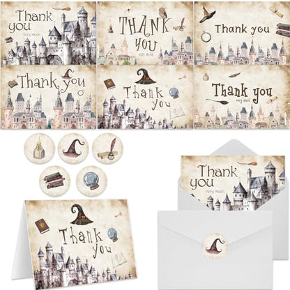 60 Pieces Magic Wizard Baby Shower Thank You Cards,Castle Themed Thank You Card Includes 30 Pieces Envelopes and 30 Pieces Wizard Cards with Stickers for Baby Shower Wedding Bridal Halloween (Castle) - color: Castle