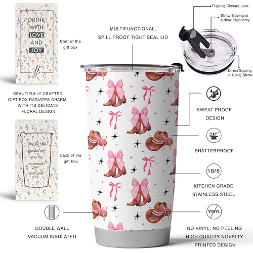 Western Tumbler 20 Oz, Cowboy Boots & Hats, Stainless Steel Travel Mug - color: Cowgirl