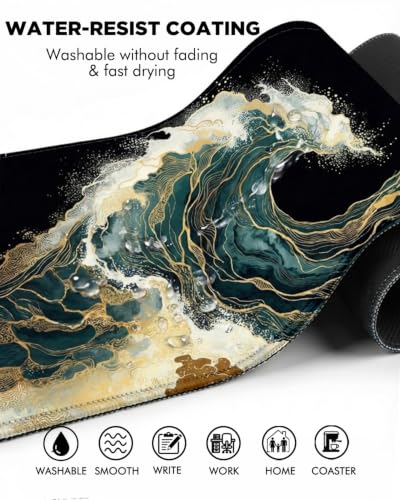 Mouse Pad, Desk Mat, 31.5x11.8in Large Mousepad, Blue Gold Waves - color: Blue Gold Waves