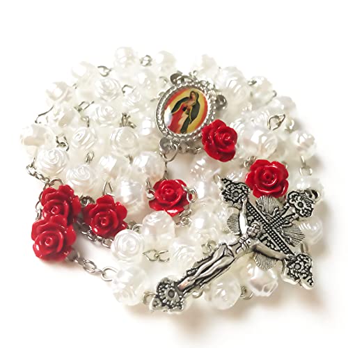 Our Lady of Guadalupe Pearly Rose Rosary Beads Catholic for Women - Catholic Gifts - Rosary Necklace for Women