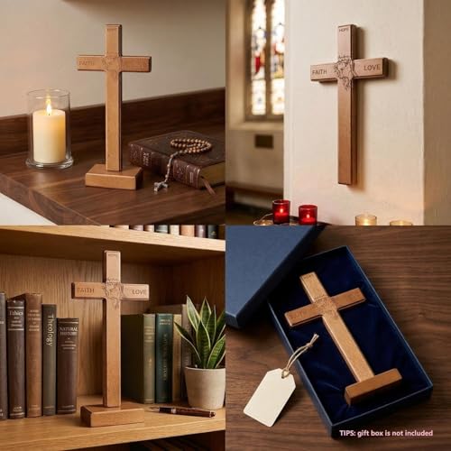PHYUKEY Wooden Wall Cross 10.75in Large Decorative Standing Cross Laser Engraved Jesus Crown of Thorns, Detachable Base & Keyhole Hanger - Christian Gift & Catholic Home Decor for Home, Office, Altar - color: Oak, size: 10.8"L x 5"W