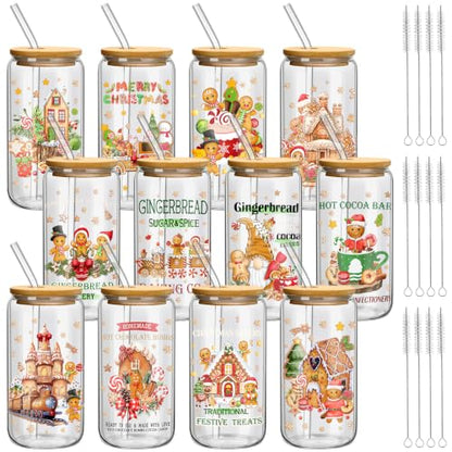Teenyyou 12 Sets Christmas Glasses Cups with Bamboo Lid and Glass Straw, 16 oz Gingerbread Christmas Glass Jar Drinking Cups, Festive Snowman Elk Coffee Cup for Women Men Xmas Holiday Party Gifts - style: Gingerbread Man