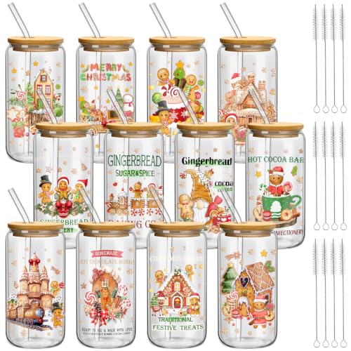 Teenyyou 12 Sets Christmas Glasses Cups with Bamboo Lid and Glass Straw, 16 oz Gingerbread Christmas Glass Jar Drinking Cups, Festive Snowman Elk Coffee Cup for Women Men Xmas Holiday Party Gifts - style: Gingerbread Man