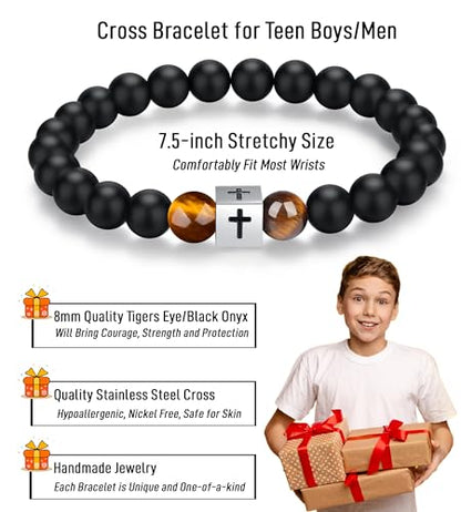 Mens Beaded Cross Bracelet, Christian Gifts for Men Teen Boys Kids - style: Always Remember-7.5“