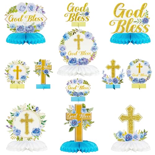 ANGOLIO 12Pcs Blue Floral God Bless Honeycomb Centerpieces Christian Cross Baptism First Confirmation Table Party Decorations for Boys Girls Baby Shower Gender Reveal Birthday Wedding Party Supplies - style: Blue Gold