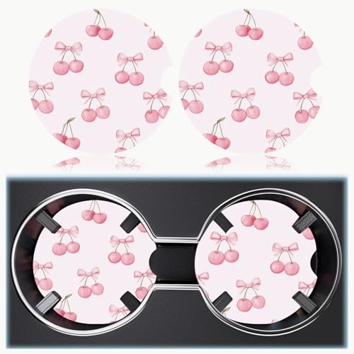 Ceramic Car Cup Holder Coasters Set of 2, 2.56 in Pink Bow Cherry - color: Pink Bow Cherry