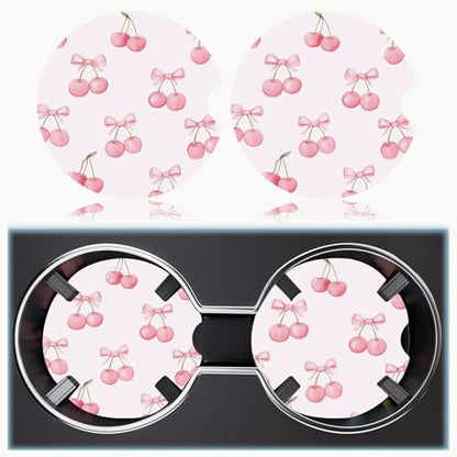 Ceramic Car Cup Holder Coasters Set of 2, 2.56 in Pink Bow Cherry - color: Pink Bow Cherry