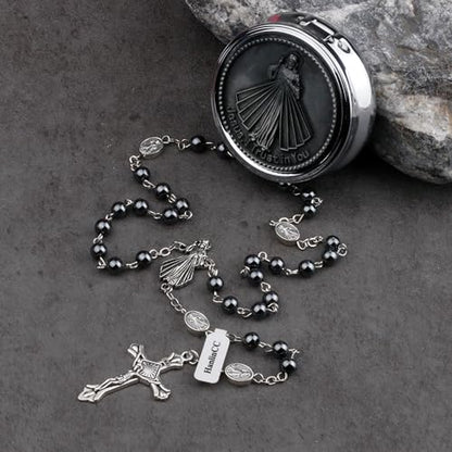 HanlinCC Divine Mercy Catholic Rosary Necklace with Steel Gift Box - color: Hematite Divine Mercy