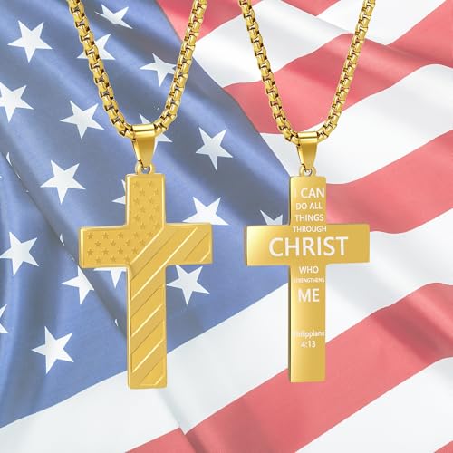 American Flag Cross Necklace for Men, Christian Confirmation Baptism Gifts - color: Gold, style: Philippians 4:13
