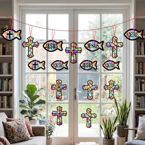 Renbuzhu 48PCS Sunday School VBS Crafts Bulk: Paper Cross Fish Nativity Suncatchers, Jesus Religious Christian Activity DIY Kits Church Decorations, Window Stained Glass Effect Art Supplies - style: jesus fish and cross