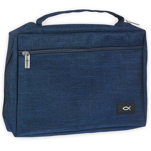 Christian Art Gifts Polyester Bible Cover for Men & Women: Jesus Fish Patch - color: Navy Blue/Jesus Fish, size: Large