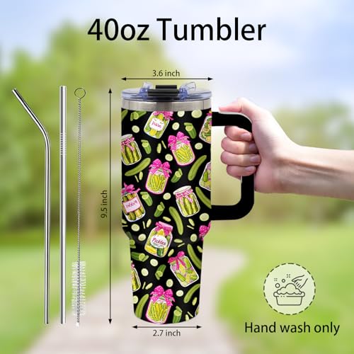 Pickle Gifts, Funny Pickle Themed Tumbler 40oz with Handle and Straws - color: Black-Pickle