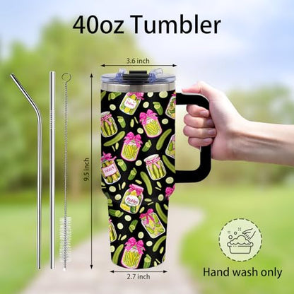 Pickle Gifts, Funny Pickle Themed Tumbler 40oz with Handle and Straws - color: Black-Pickle