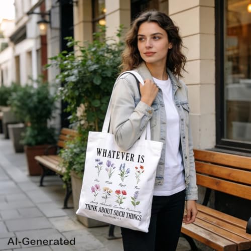Canvas Tote Bag, Flower Lovers Christian Bag, Whatever Is, Think About Such Things Tote Bags, Reusable Cloth Cotton Bags for Shopping, Religious Gifts for Female Friends - color: Style 21