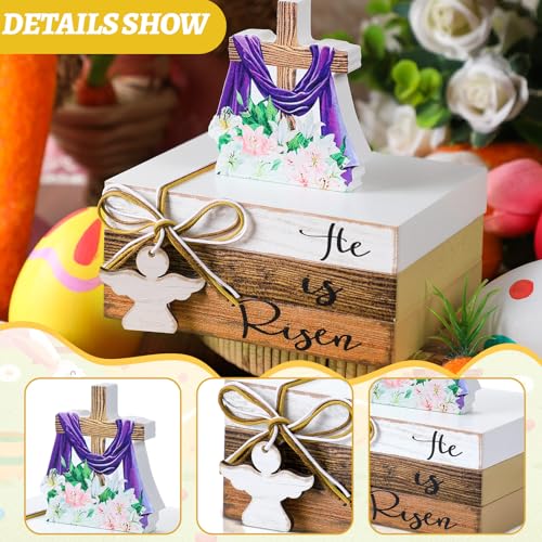 Pinkunn 4 Pcs He is Risen Easter Decorations Christian Wooden Table Sign