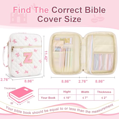 Personalized Initial Bible Cover Case for Women Girls Kid - Large Quilted Bible Case with Handle,Chenille Letter Bag Study Supplies,Christmas Gifts for Christians Birthday Graduation(Pink Bow-Z) - color: Pink Bow, size: letter-Z