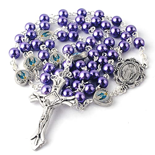 HanlinCC Catholic Miraculous Rosary Glass Pearl Beads Pray Card & Gift Bag - color: Purple