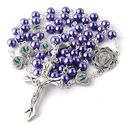 HanlinCC Catholic Miraculous Rosary Glass Pearl Beads Pray Card & Gift Bag - color: Purple