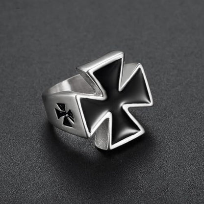 Striking Iron Cross Black Enamel Ring Vintage Military Gothic Knights Templar Titanium Steel Jewelry Maltese Cross Biker Accessory