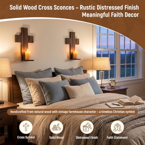 2 Pack Wooden Cross Wall Candle Sconces Farmhouse Hanging Wall Decor