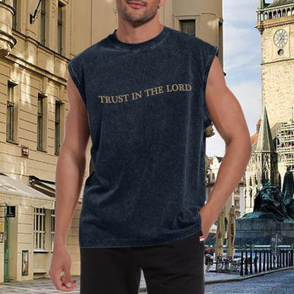 Mens Christian Tank Tops Trust in The Lord God Jesus Religious Faith Bible Verse Shirts Graphic Acid Wash Gym Tees - color: Denim Blue, size: Small