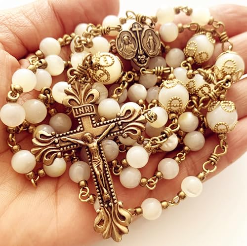 elegantmedical HANDMADE COPPER CATHOLIC ROSARY Moonlight Mother of Pearl Beads necklace Crucifix Cross gift box Gift