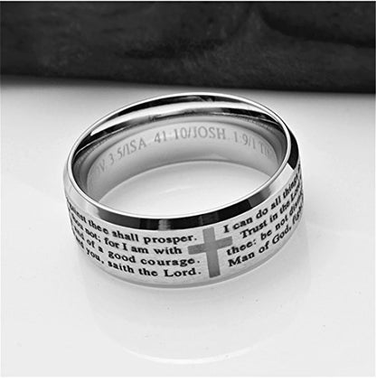 ALEXTINA 8MM Men's Stainless Steel Bible Verse Christian Lord's Prayer Cross Ring Wedding Bands Spinner Ring Laser Engraved - style: Silver tone