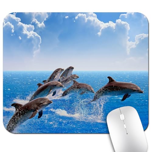 Dolphins Leaping in Harmony Over the Blue Ocean Mouse Pad, Mat for Desk - color: Cute Colorful Art Rec16