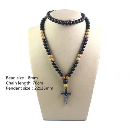 COLORFUL BLING Natural Wooden Catholic Rosaries Wood Crucifix Prayer Beads Pendant Necklace Prayer Jesus Religious Cross Rosary Necklace Handmade Jewelry - color: black agate