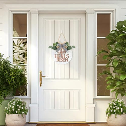 TOARTi He is Risen Easter Front Door Sign Wreath (11.4"x11.4"), Rustic Christian Cross Wall Sign Hanging Plaque, Farmhouse Religious Home Wooden Door Decoration for Housewarming Easter Gift