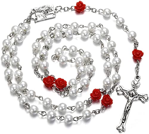SZQCZB Rosary Beads Catholic Necklace Holy Soil Medal Cross Crucifix with Metal Box and 18pcs Prayer Cards - color: White