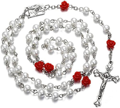 SZQCZB Rosary Beads Catholic Necklace Holy Soil Medal Cross Crucifix with Metal Box and 18pcs Prayer Cards - color: White