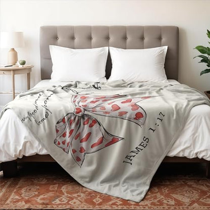 Coquette Christian Valentine's Day Heart Bow Blanket, Christian Gifts for Women Men, Neutral Religious Bible Verse Bow Throw Blankets for Home Bedroom Living Room Couch Sofa, 50x60 Inches - color: Heart Bow